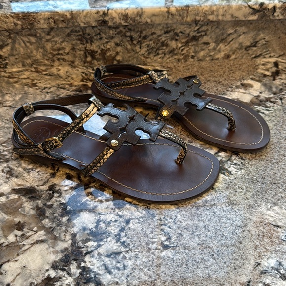 Tory Burch Sandals Chocolate with Python Print strap Size 7 - Picture 2 of 3